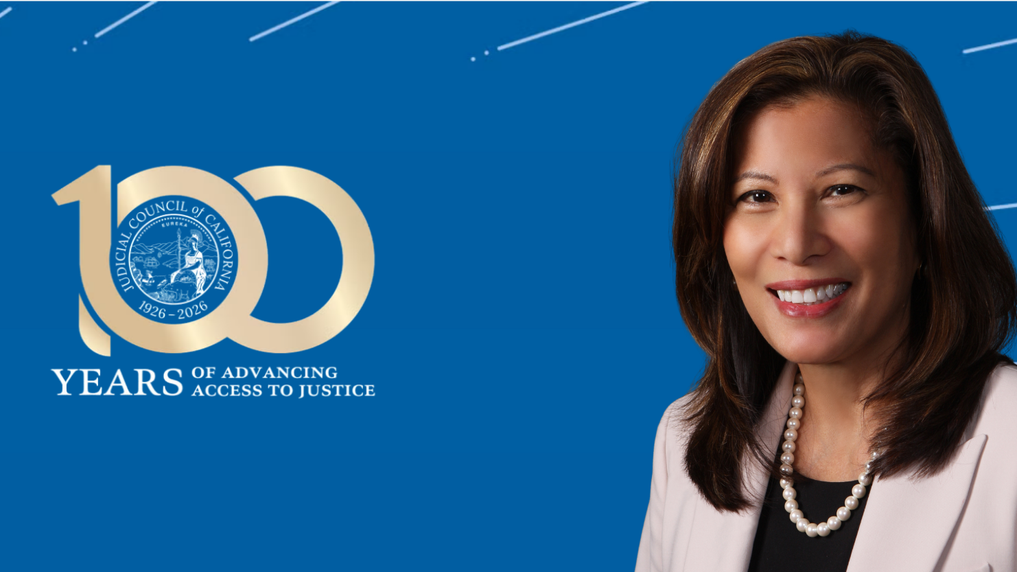 Chief Justice Tani G. Cantil-Sakauye (Ret.) shown on a banner celebrating the 100th anniversary of the Judicial Council of California