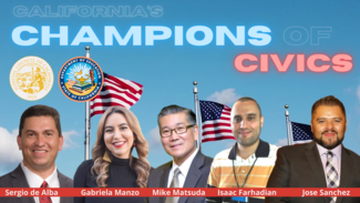 cut out images of each of the recipients in front of a video of U.S. flags. california's champions of civics in glow font.