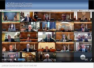 Judicial Council members attending Oct. 1 meeting remotely - new members raise their hands to take the oath of service 
