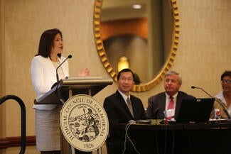 Chief Justice Tani G. Cantil-Sakauye speaks to attendees at the Judicial Branch Technology Summit.