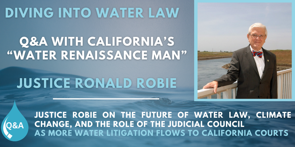 Man stands on bridge in front of water with clickable text indicating an interview about water rights