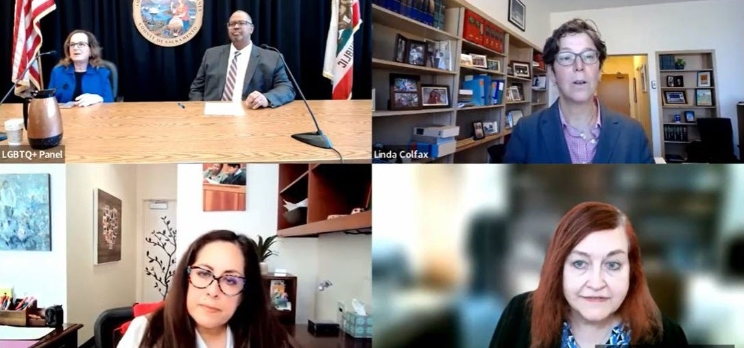 Panelists appearing remotely at the Sacramento Court's panel discussion on LGBTQ+ issues