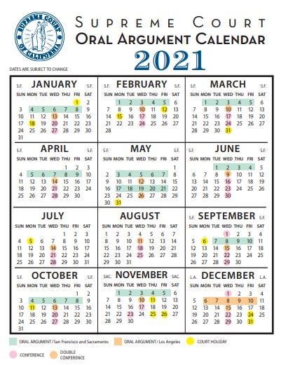 twelve-month calendar with dates of supreme court oral arguments, holiday, and conferences