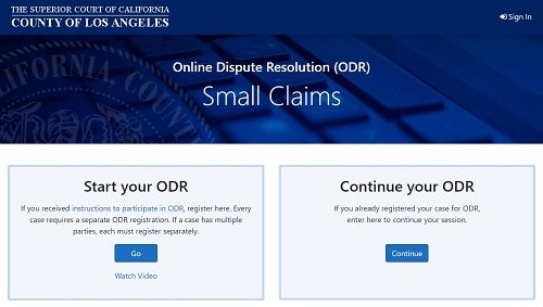 webpage from the online dispute resolution service for small claims cases at the Superior Court of Los Angeles County