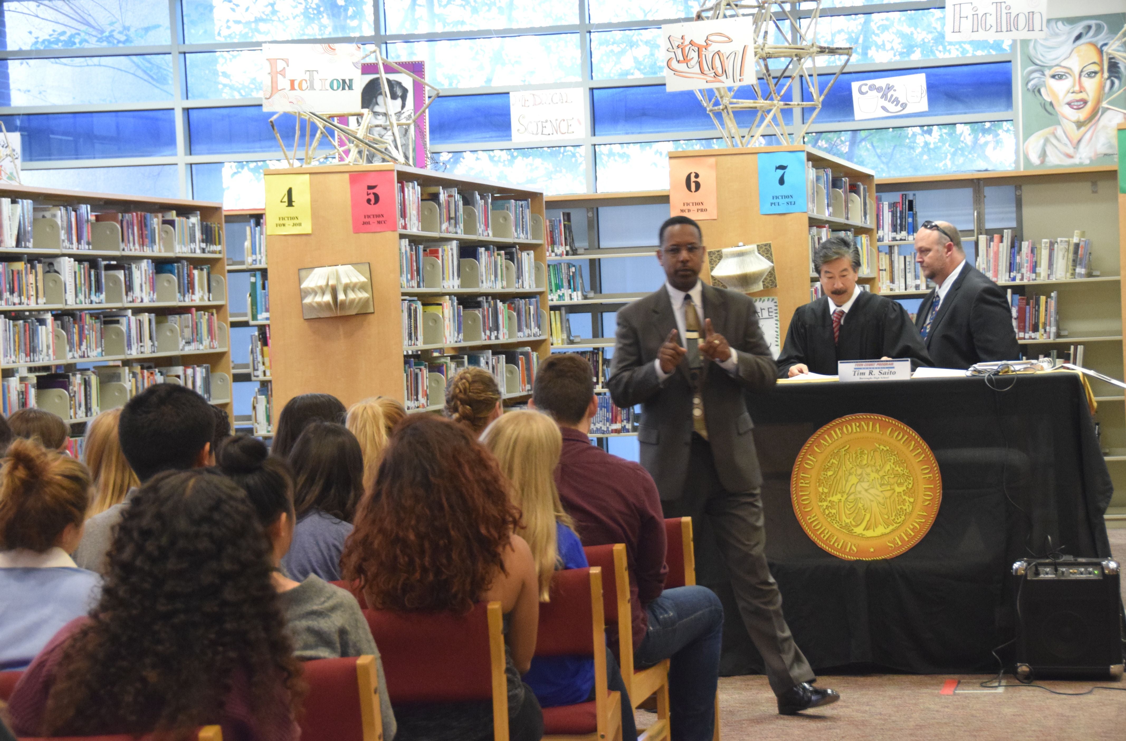 Students pack the library for a teen court session at John Burroughs High School in Los Angeles.