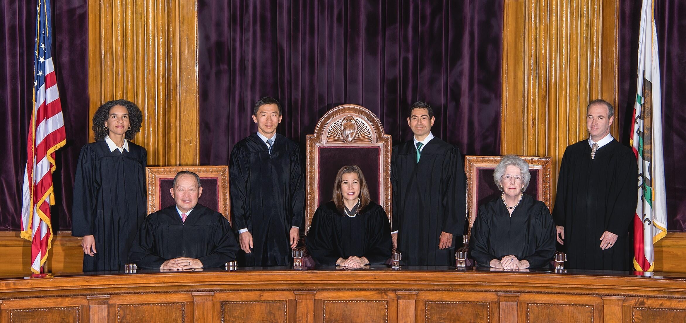 Official bench photo of justices kruger, chin, liu, cantil-sakauye, cuellar, corrigan, and groban