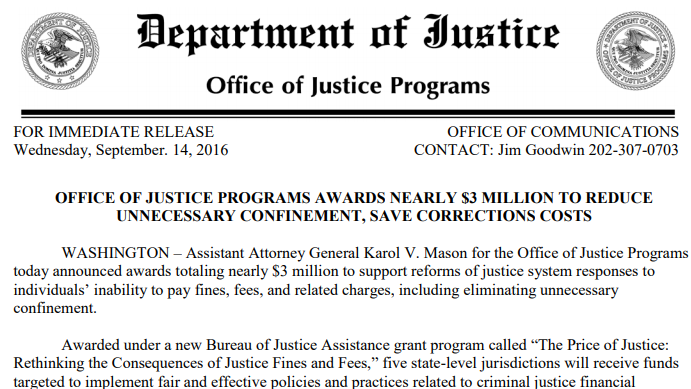 Snapshot of the DOJ Press Release announcing grant