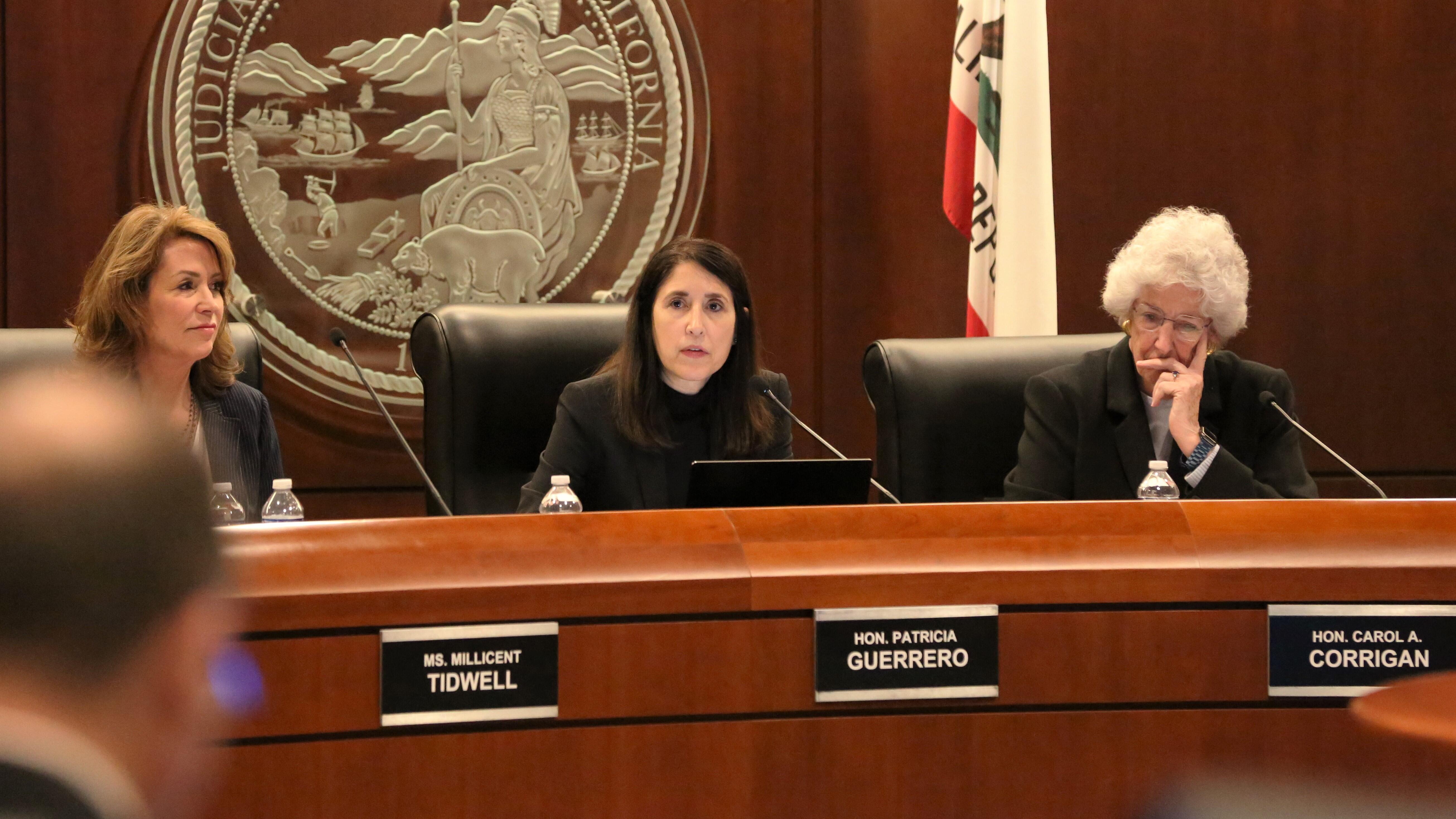 Chief Justice Patricia Guerrero leads the May 12 Judicial Council meeting. She is supported by the council's Acting Administrative Director Millicent Tidwell (left) and California Supreme Court Justice Carol Corrigan (right).