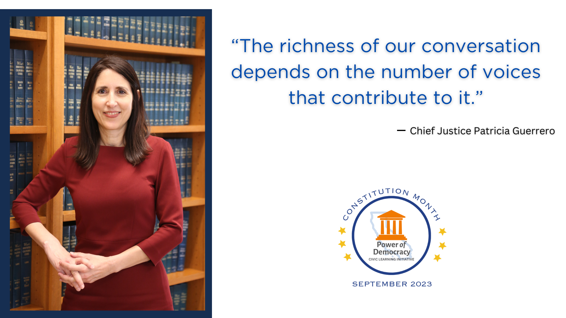 chief in front of lawbooks in chambers constitution month september 2023 logo