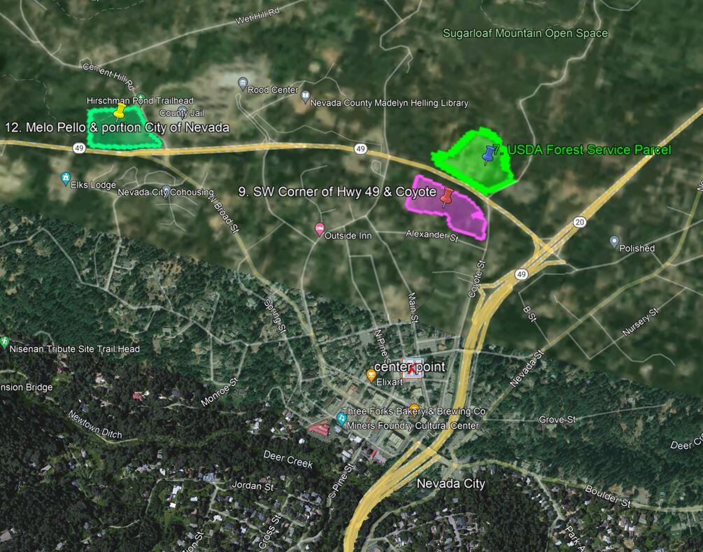 Map showing the three finalist sites for the New Nevada City Courthouse