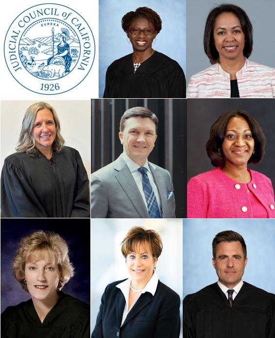 Montage of headshot photos of eight people with a Judicial Council seal
