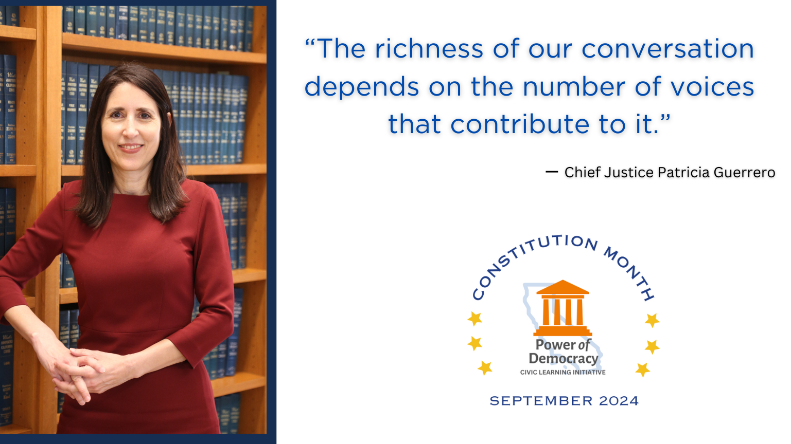 chief justice in front of lawbooks with text quote supporting power of democracy