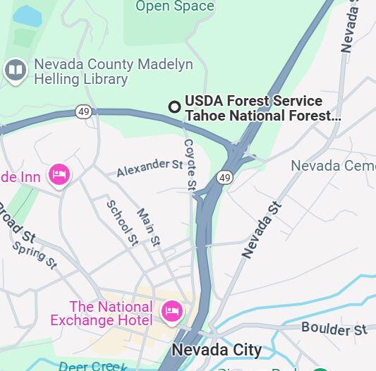 Google map showing location of USDA National Forest Service Office location at 631 Coyote Street in Nevada City