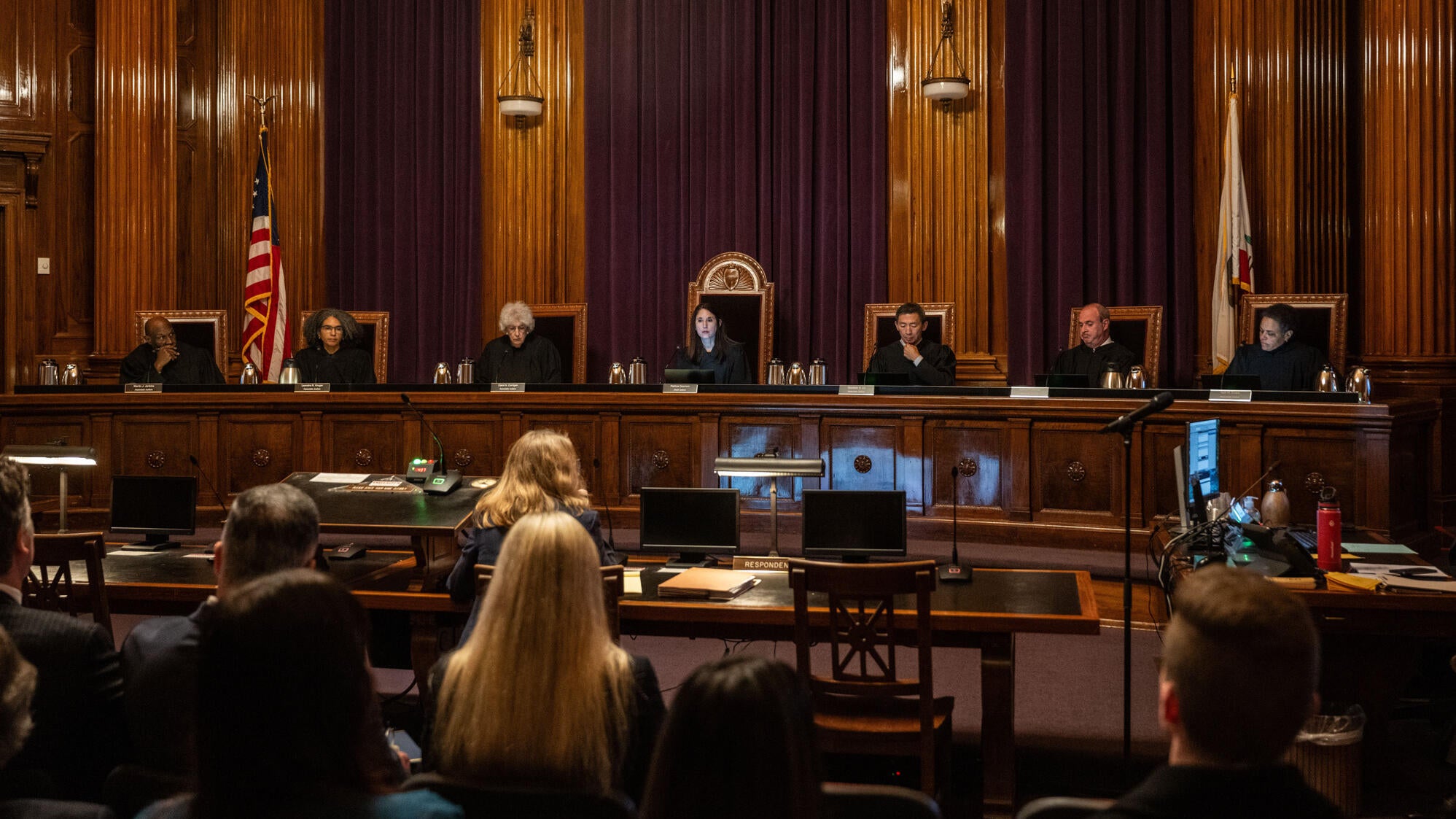 California Supreme Court seated on bench for February Oral Argument in Sacramento.