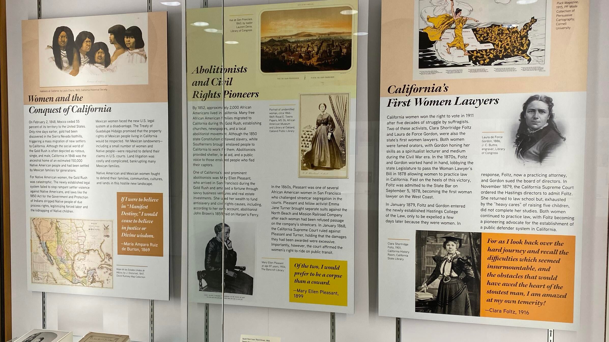 Illustrated panels featuring the early history of California women