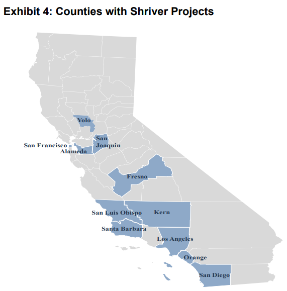 map of California identifying counties with Sargent Shriver Civil Counsel programs