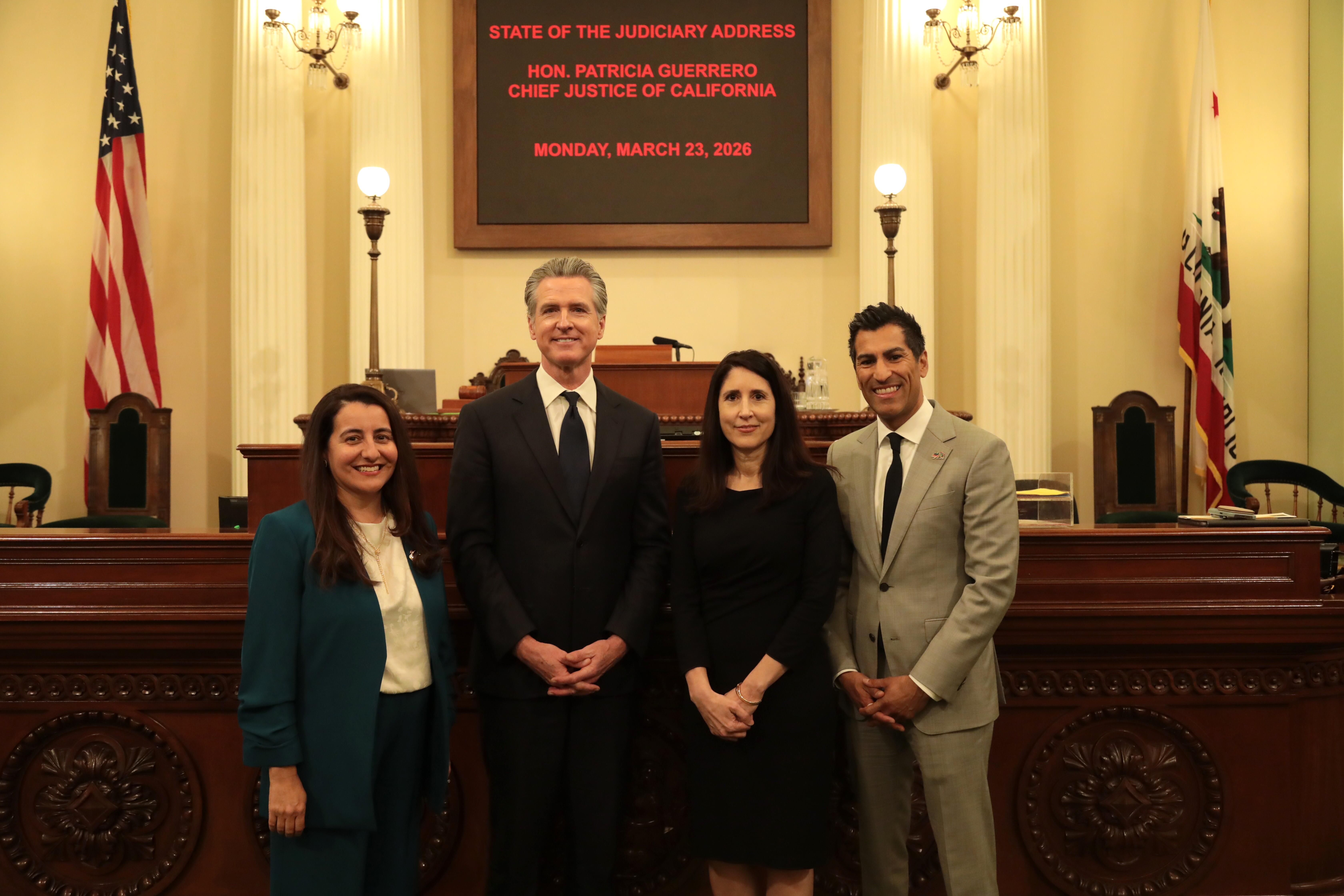 (From left to right) Senate President pro Tempore Monique Limón, Governor Gavin Newsom, Chief Justice Patricia Guerrero, and Speaker of the Assembly Robert Rivas