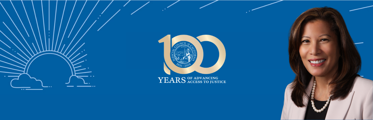 Chief Justice Tani G. Cantil-Sakauye (Ret.) shown on a banner celebrating the 100th anniversary of the Judicial Council of California