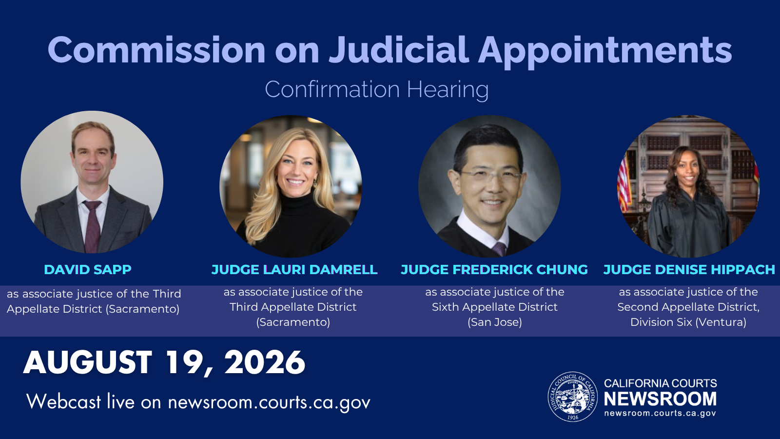 Graphic with collage of portraits of David Sapp, Judge Lauri Damrell, Judge Frederick Chung, and Judge Denise Hippach.