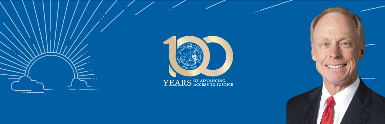 Judicial Council 100th anniverary banner including photo of Judge Steven Jahr