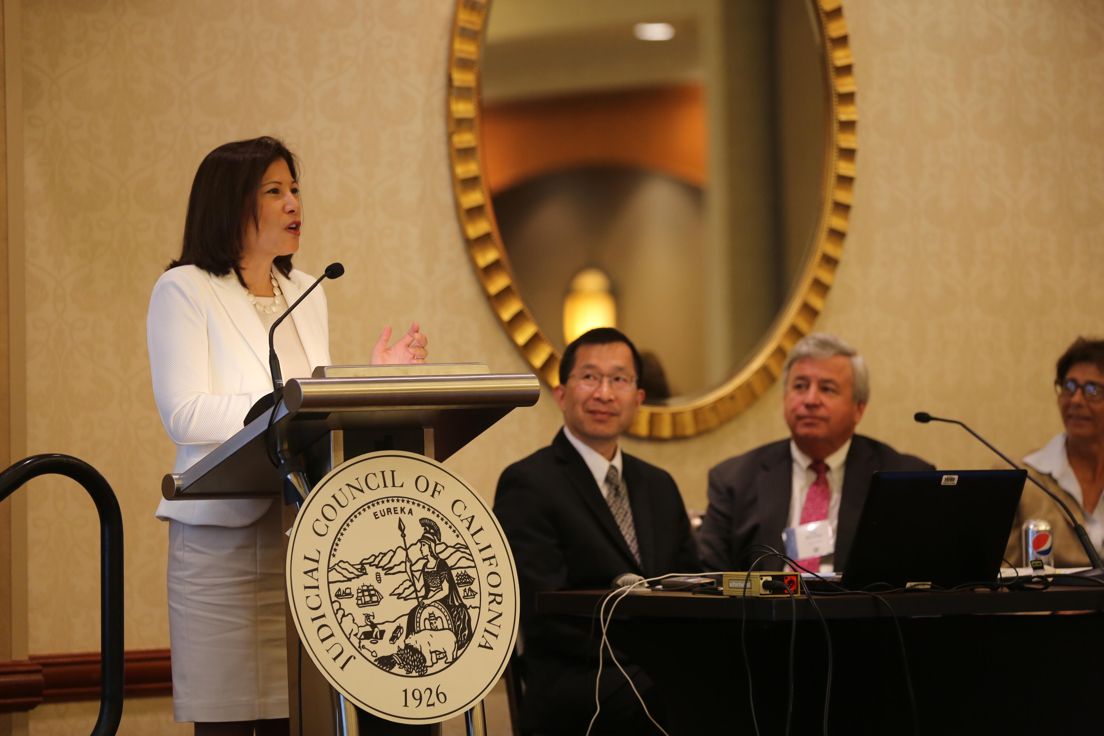 Chief Justice Tani G. Cantil-Sakauye speaks to attendees at the Judicial Branch Technology Summit.