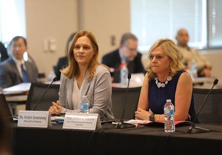 Judge Lorna A. Alksne (right), chair of the council&#39;s Workload Assessment Advisory Committee, along with Judicial Council staff Kristin Greenaway explained that more than 900 judges took part in the judicial workload time study that helped to determine overall judicial need statewide.