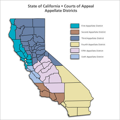 state map illustrating court appellate districts if california
