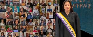 collage of students with overlay chief justice in robe and suffrage sash