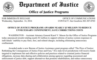 Snapshot of the DOJ Press Release announcing grant