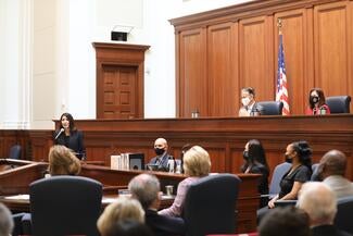 justice guerrero in supreme court courtroom speaking at confirmation