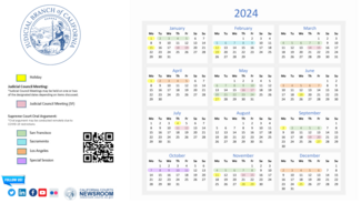 Calendar for 2024 Judicial Branch events, all dates and holidays relevant to the branch are highlighted accordingly.