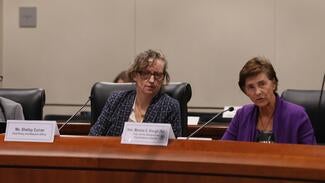 Two presenters sit in the Judicial Council boardroom