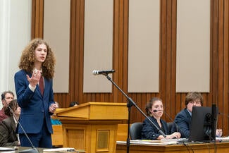 An attorney at the Santa Cruz County Mock Trial competition presents their case.