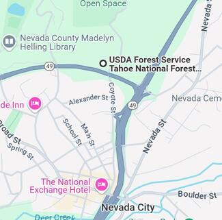 Google map showing location of USDA National Forest Service Office location at 631 Coyote Street in Nevada City