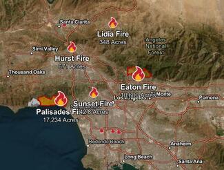 map showing wildfire locations in the Southern California area