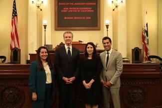 (From left to right) Senate President pro Tempore Monique Limón, Governor Gavin Newsom, Chief Justice Patricia Guerrero, and Speaker of the Assembly Robert Rivas