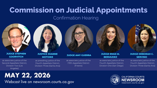 Graphic with collage of portraits of Judge Stephen Goorvitch, Justice Joanne Motoike, Judge Amy Guerra, Judge Eran M. Bermudez, and Judge Deborah C. Servino.