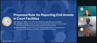 Video screen showing a PowerPoint slide and three presenters on the right side of the screen