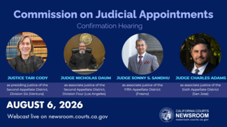 Graphic with collage of portraits of Justice Tari Cody, Judge Nicholas Daum, Judge Sonny S. Sandhu, and Judge Charles Adams. 