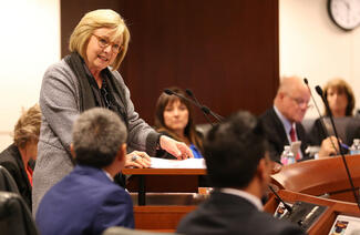 Administrative Presiding Justice Judith McConnell of the 4th District Court of Appeal opens the presentation to the council on the Power of Democracy&mdash;a body co-created by the Chief Justice to strenthen the bench&#39;s civic learning partnership with state public schools.