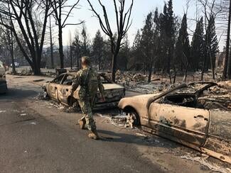 A member of the California National Guard searches the wreckage in Santa Rosa (Courtesy: California National Guard).